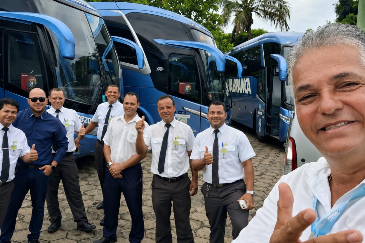 Motoristas da EVC Turismo diante dos ônibus de turismo da frota