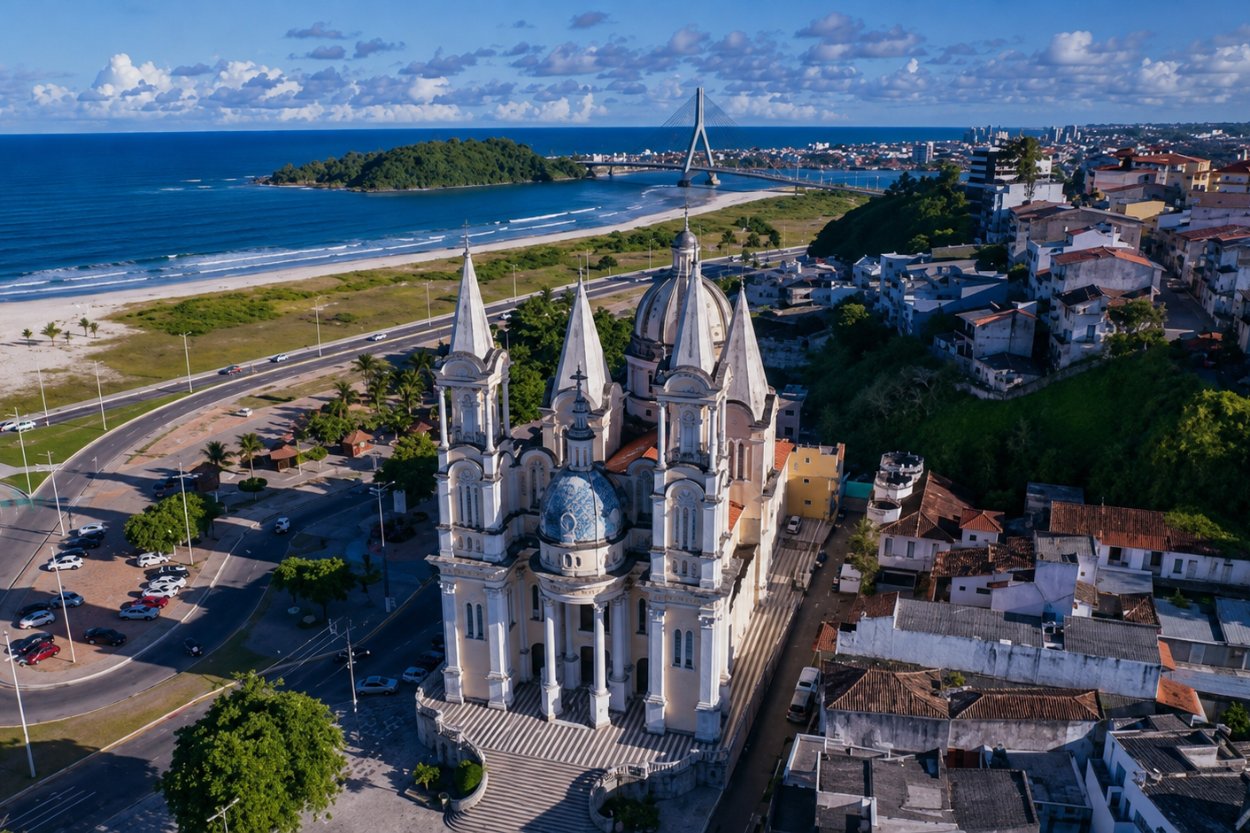 Vista aérea de Ilhéus, com a catedral, a praia e a ponte: é daqui que sai a maioria dos transfers