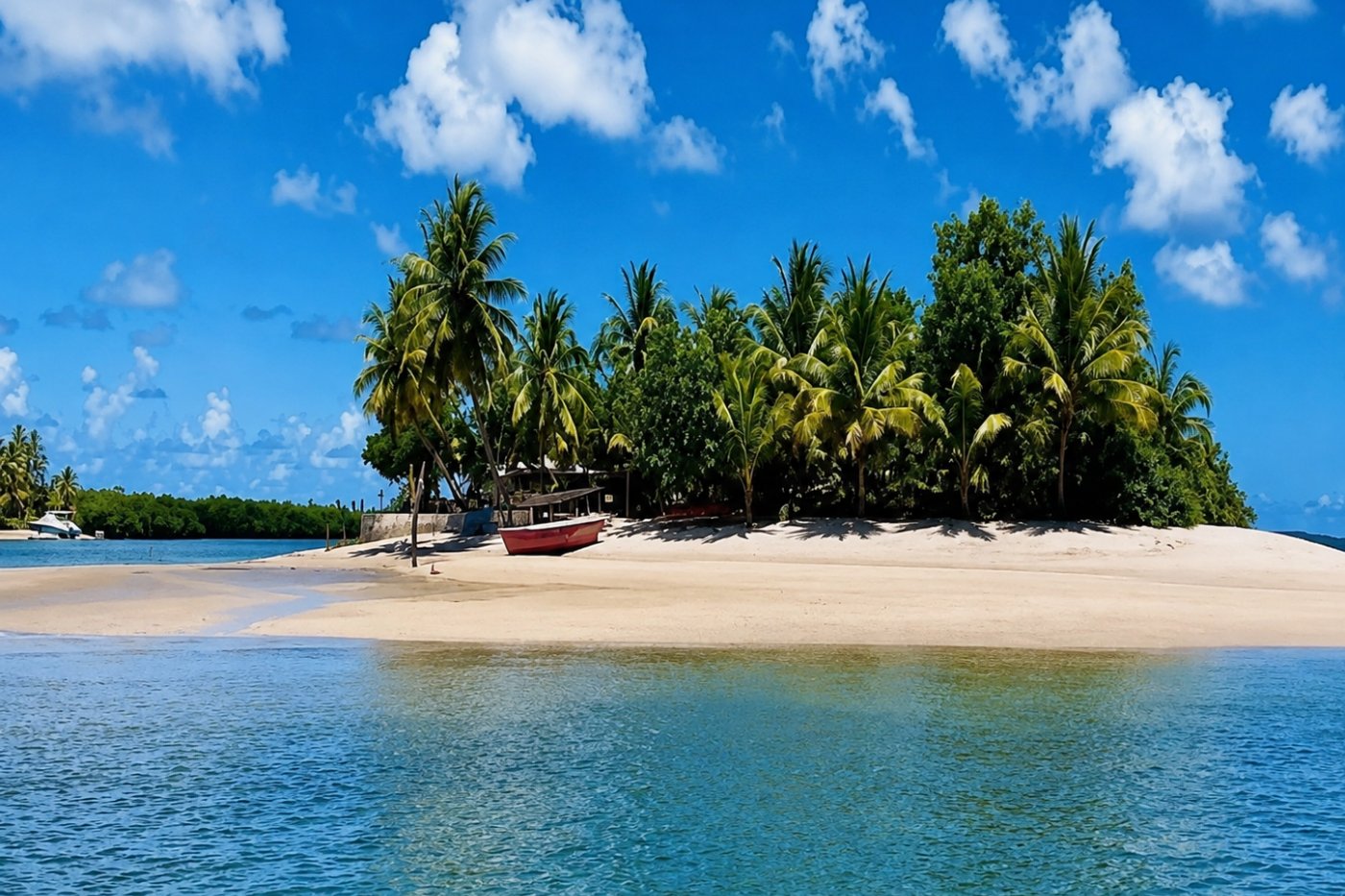 Banco de areia e coqueiros em Barra Grande, na Península de Maraú